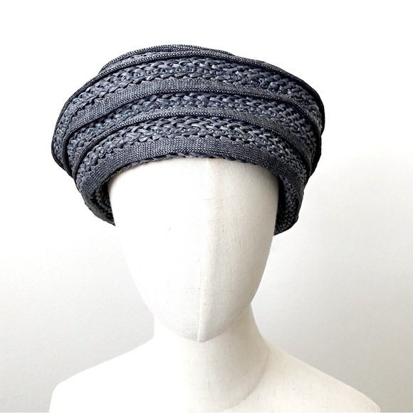 Vintage 50s Raffia Hat Navy Blue Round Swirl Beret - Picture 4 of 6